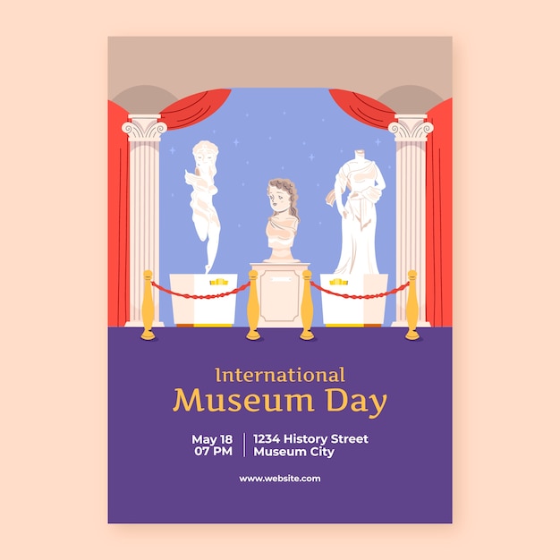 Plik wektorowy wzorzec płaskiego, pionowego plakatu na międzynarodowy dzień muzeów
