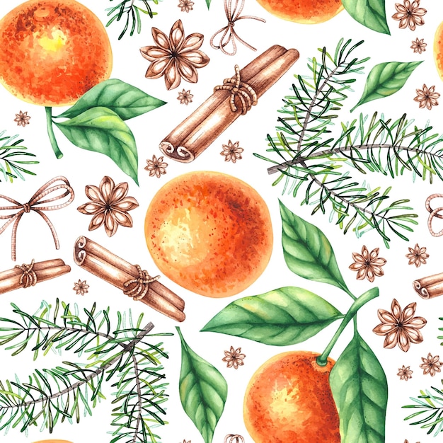 Plik wektorowy wzorzec świąteczny z mandarynami, igłami sosnowymi na białym tle