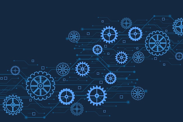 Wzorzec technologiczny mechanizmów biegów i koła biegów na ciemno niebieskim tle
