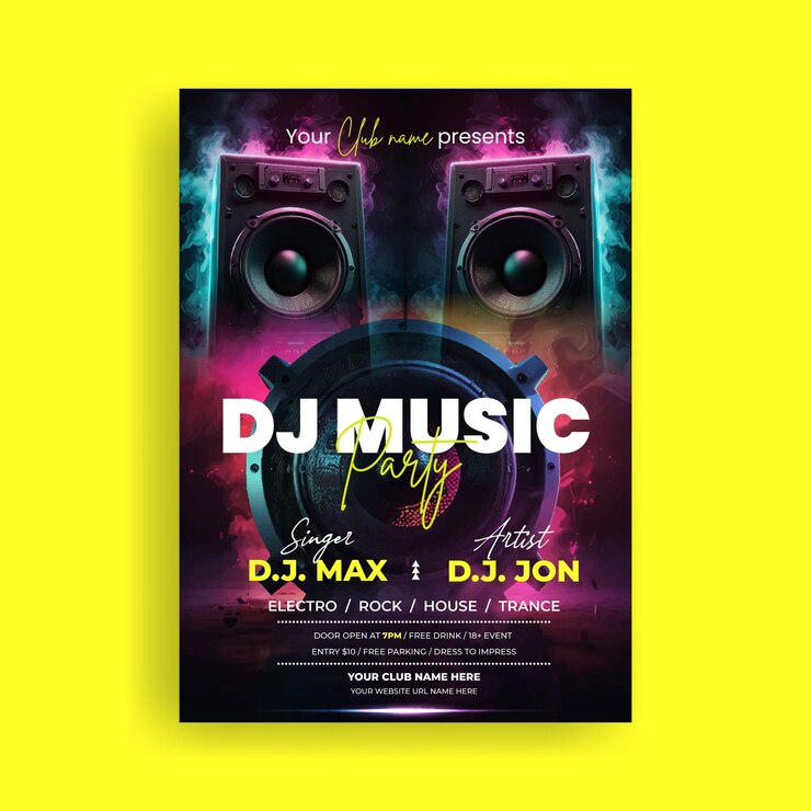 Wektor wzorzec ulotki lub plakatu wydrukowanego na imprezę muzyczną z głośnikiem muzycznym sub woofer tła