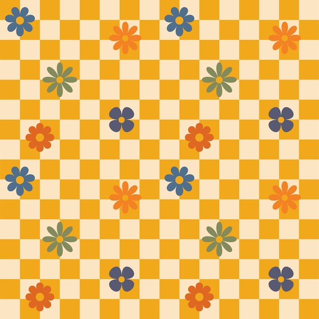 Wzorzec z kwiatami w karkach w stylu retro, bezszwowy wzór z prostymi kwiatami w stylu lat siedemdziesiątych