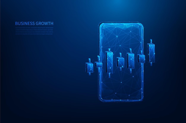 Wzrost handlu na rynku akcji za pomocą smartfonów, technologii cyfrowych, handlu finansowego, niskiej wielkości poli-wireframe