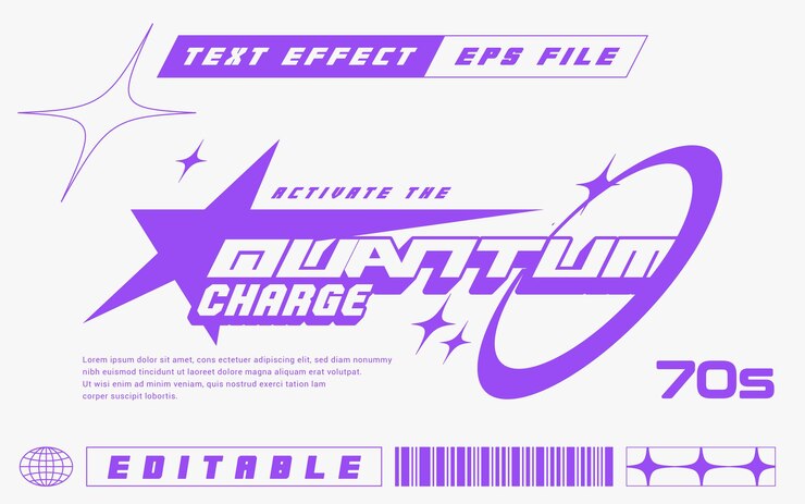Wektor y2k quantum charge - edytowalny efekt tekstowy z gwiazdką i błyszczącym logo, tytułem, naklejką, wzorem plakatem
