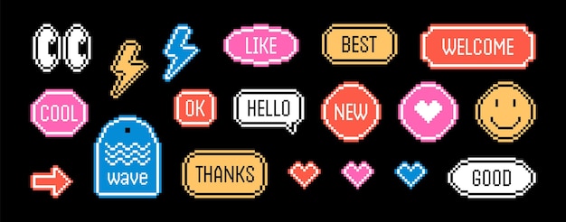 Y2K retro pixel art sticker pack Uśmiechnięte oczy i fajny element odznaki