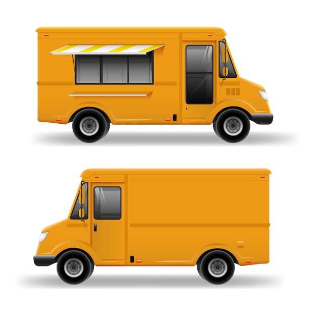 Yellow Food Truck Szczegółowy Szablon Dla Tożsamości Marki Mock Up. Realistyczne Usługi Dostawcze Van Na Białym Tle