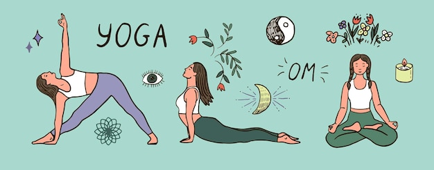 Yoga Wonam Pozuje Medytację Elementy Ilustracje Wektorowe Zestaw