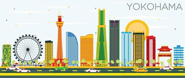 Plik wektorowy yokohama skyline z kolorowymi budynkami i błękitnym niebem. ilustracja wektorowa. podróże służbowe i koncepcja turystyki z nowoczesną architekturą. obraz banera prezentacji i witryny sieci web.