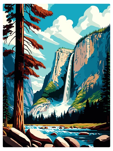 Plik wektorowy yosemite falls kalifornia vintage plakat podróżniczy pamiątkowa pocztówka portret malarstwo wpa ilustracja