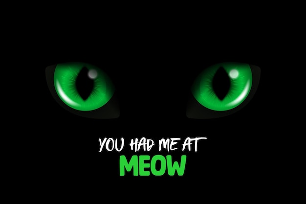 You Had Me At Meow Vector 3d Realistyczne zielone świecące koty Oczy czarnego kota Kot wygląda w ciemności Czarne tło Zbliżenie Świecące oczy kota lub pantery