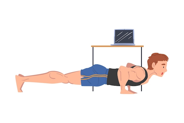 Plik wektorowy young man doing push up exercise at home physical activity and healthy lifestyle concept stay home keep fit and positive cartoon style vector illustration