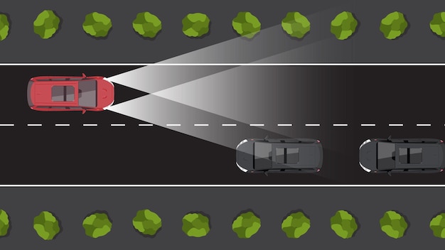 Plik wektorowy z góry widok płaska kreskówka pojazdu samochodowego z autonomicznymi czujnikami światła dalekiego i bliskiego