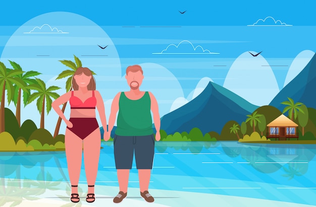 z nadwagą kobieta w strój kąpielowy z mężczyzną plus rozmiar para stojących razem letnie wakacje koncepcja tropikalny wyspa krajobraz tło pełnej długości płaskie poziome