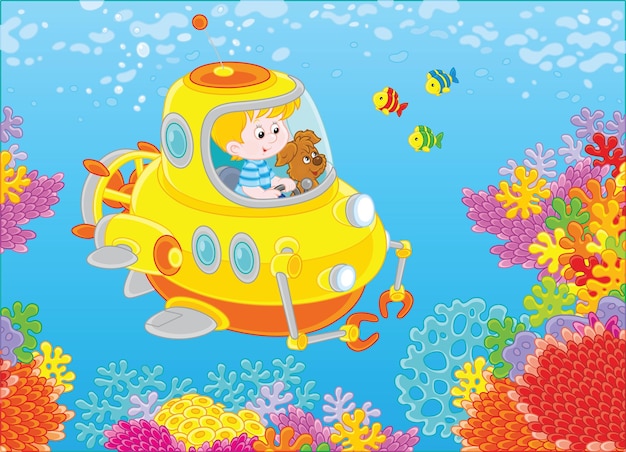 Zabawkowy Batyskaf Głębinowy Pilotowany Przez Małego Chłopca Ze Swoim Szczeniakiem Eksplorujący Kolorową Rafę Koralową