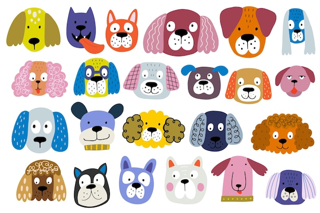 Plik wektorowy zabawna ikona zwierzęcej głowy psa ustawiona w dziwacznym kolorowym, płaskim stylu ilustracji