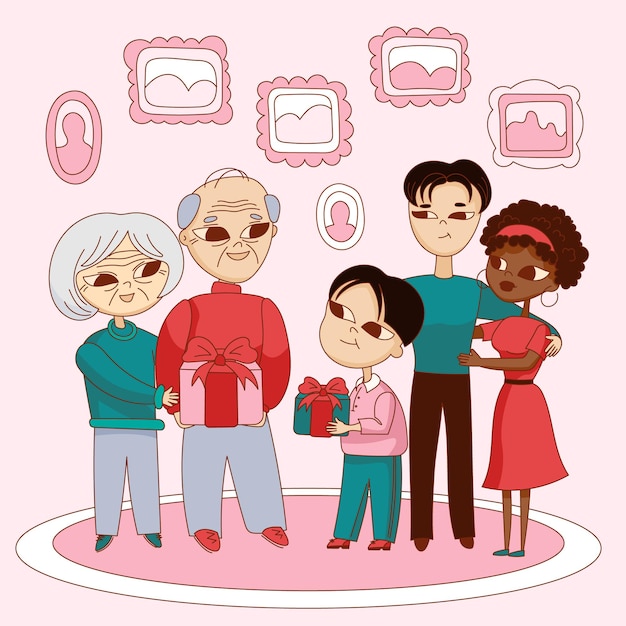 Zabawna Ilustracja Z Rodziną Szczęśliwi Dziadkowie Rodzice I Wnuki Międzynarodowa Rodzina Prezenty Wakacje Ilustracja Wektorowa Szczęśliwej Rodziny Tradycje Rodzinne
