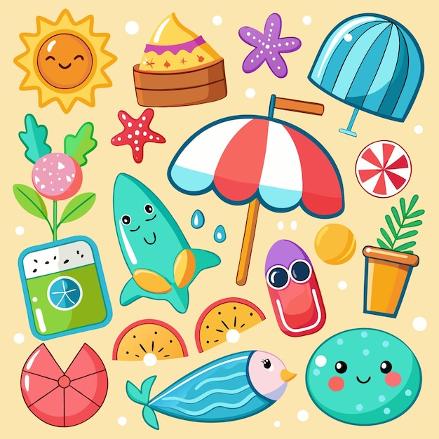 Zabawna letnia ilustracja plażowa z uroczymi postaciami