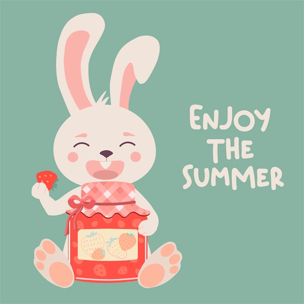 Plik wektorowy zabawna letnia karta z króliczkiem i dżemem truskawkowym ilustracja wektorowa