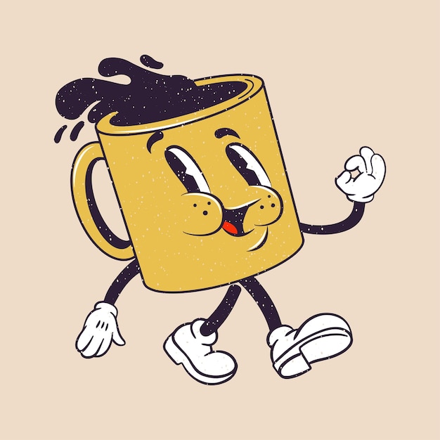 Zabawna postać z kreskówki. Ilustracja wektorowa filiżanki herbaty, kawy. Komiks w stylu retro