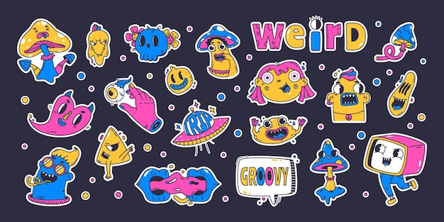 Zabawne kreskówki psychodeliczne kształty doodle abstrakcyjne postacie wektor zestaw ilustracji