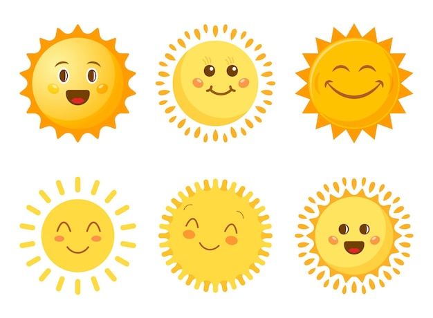 Zabawne słońce z ikoną twarzy ustawioną w płaskim stylu Letnie słońce emoji ilustracja wektorowa na izolowanym tle Uśmiechnięty znak słoneczny koncepcja biznesowa