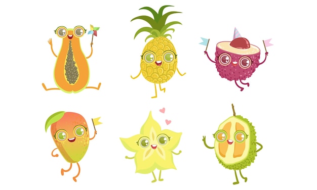 Zabawne tropikalne owoce Postacie zestaw Papaya Ananas Lychee Mango Carambola Durian Ilustracja wektorowa