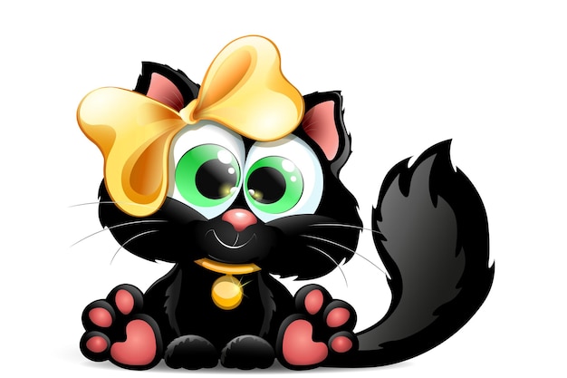 Plik wektorowy zabawny czarny kot z kreskówki z dużym żółtym łukiem i złotym kołnierzem