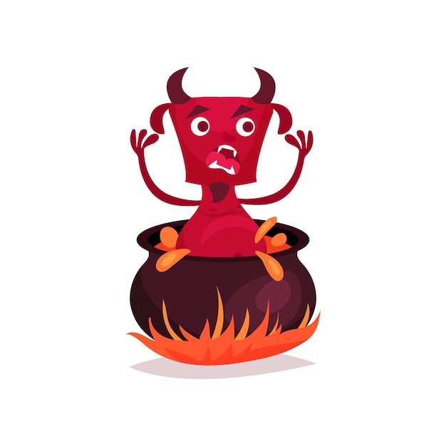 Zabawny Diabeł Z Rogami I Ogonem W Piekielnym Kotle Czerwony Demon Postać Z Kreskówki Wektor Ilustracja Na Białym Tle