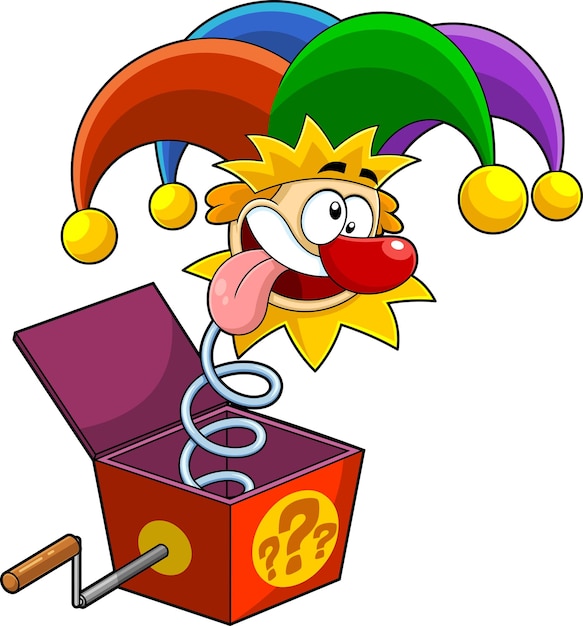 Plik wektorowy zabawny jolly jester postać z kreskówki wyjście z pudełka niespodzianka wektor ręcznie rysowana ilustracja
