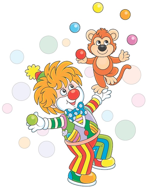 Plik wektorowy zabawny klaun cyrkowy ze swoją małą małpką żonglującą kolorowymi kulkami