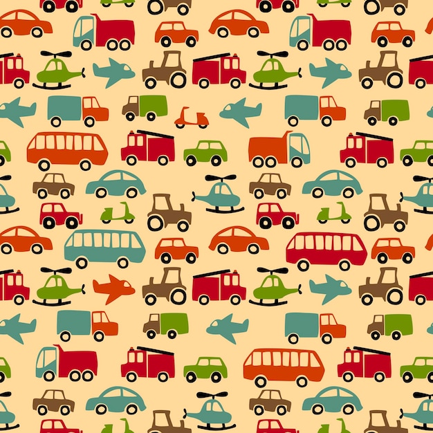 Plik wektorowy zabawny nadruk z pojazdami narysowanymi przez dzieci śliczny wzór pojazdów