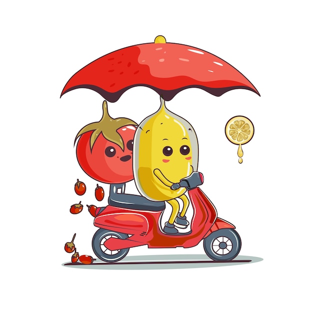 Plik wektorowy zabawny pomidor i cytryna postać z kreskówki na wektorze skutera z ilustracją parasola