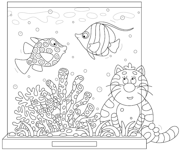 Zabawny, Pulchny Kot Bacznie Obserwujący Tropikalne Ryby Pływające W Domowym Akwarium Z Koralowcami