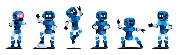 Zabawny robot mechaniczny z wyrazem maskotka serwisowa z różnymi emocjami zabawna postać androida Wektor izolowany zestaw Innowacyjna postać w różnych pozycjach inteligentne stworzenie