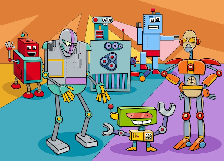 Wektor zabawny robot znaków grupa ilustracja kreskówka