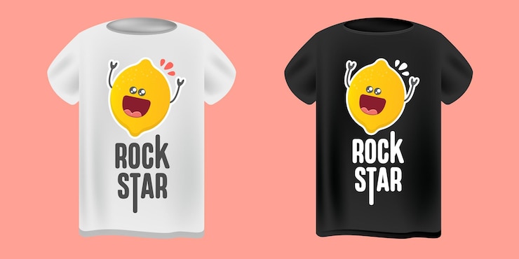Wektor zabawny rockstar lemon character t-shirt design wesoły kreskówkowy cytryna z otwartymi ustami na białych i czarnych maketach odzieży idealny dla humorystycznego i przypadkowego noszenia