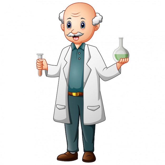 Zabawny stary chemik trzymając probówki i kolby