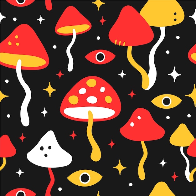Zabawny szalony psilocybina magiczny grzyb wzór. Wektor ręcznie rysowane charakter ilustracja kreskówka wzór. Magiczny grzyb, koncepcja drukowania tapety psilocybinowej