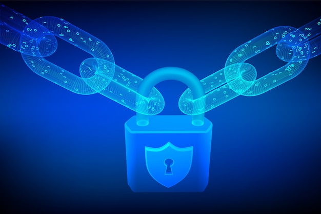 Zablokuj łańcuch. Zamek. Łańcuch szkieletowy 3D z kodem cyfrowym. Cyberbezpieczeństwo, bezpieczeństwo, prywatność lub inna koncepcja.