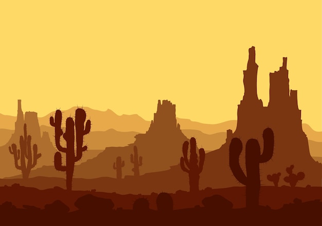 Zachód Słońca Na Kamiennej Pustyni Z Kaktusami I Górami