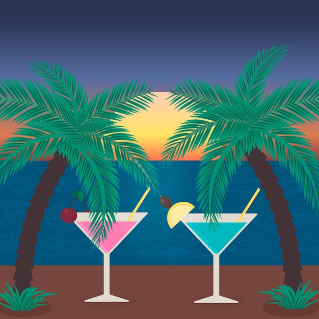 Plik wektorowy zachód słońca na plaży z palmami morskimi i kieliszkami koktajli ilustracja wektorowa tropikalnej plaży party koncepcja wakacji i relaksu
