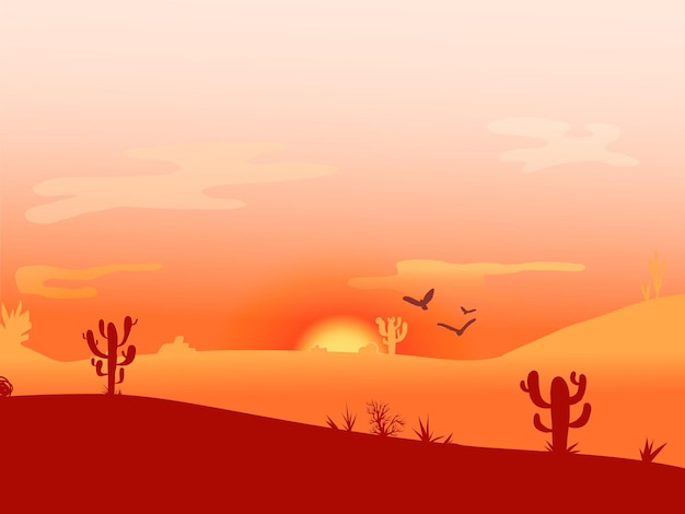 Plik wektorowy zachód słońca na pustyni wydmy i kaktusy dzikie zachód pocztówka zachód słoneczny szablon plakat z pustynią