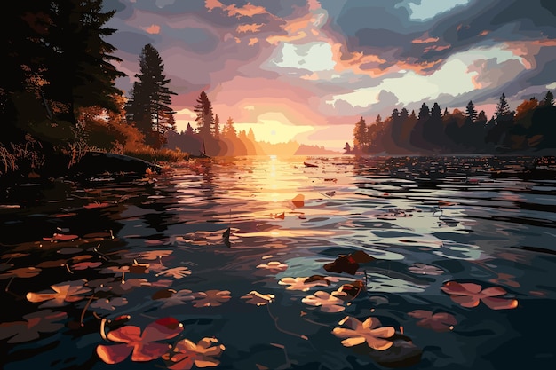Plik wektorowy zachód słońca nad jeziorem abstrakcyjna ilustracja artystyczna i wektorowa