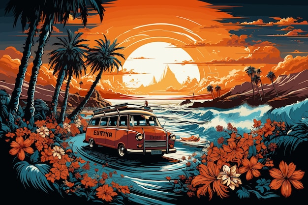 Zachód Słońca W Stylu Retro Plaża Surf Plakat Wektor Ilustracja Sztuka Projektowania