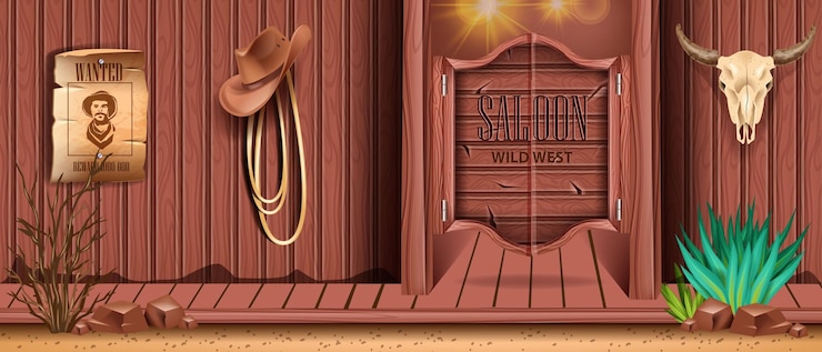 Zachodni salon drzwi tło wektor stary bar retro drewniane wejście vintage dziki zachód baner pubu