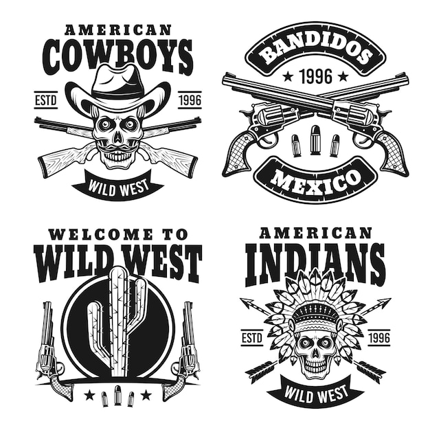 Zachodni Zestaw Czterech Czarnych Emblematów Lub Odznak Na Białym Tle