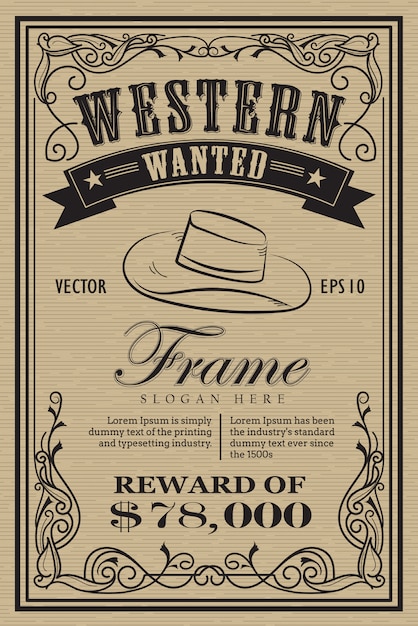 Zachodnia etykietka retro rama chciał retro ręcznie rysowane wektor ilus