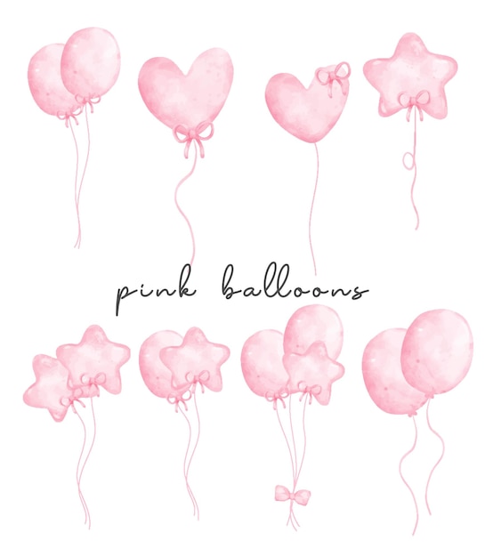 Plik wektorowy zachwycająca kolekcja różowych balonów, zawierająca akwarele w stylu kawaii i ręcznie rysowane ilustracje. idealna na przyjęcia urodzinowe