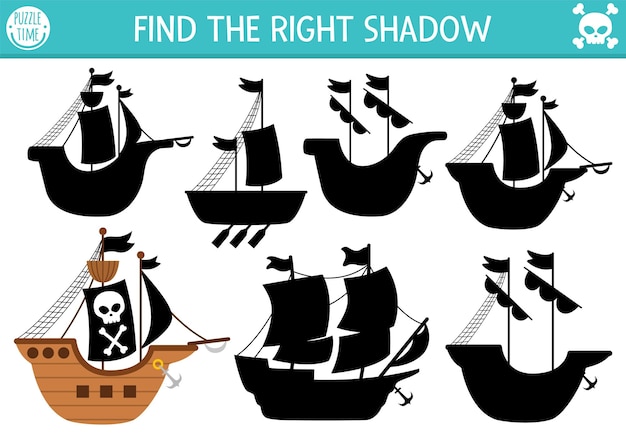 Zadanie Polegające Na Dopasowywaniu Cieni Piratów Układanka Poszukiwanie Skarbów Ze Statkami Pirackimi Arkusz Lub Gra Do Wydrukowania Z Odpowiednią Sylwetką Strona Z Przygodami Na Morzu Dla Dzieci Z łodzią I Czarnymi żaglamixa