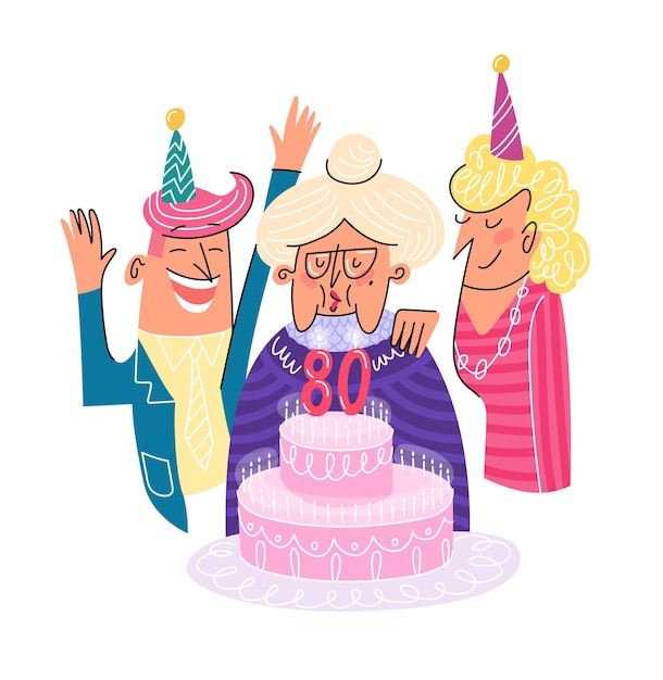 Zadowolony Urodziny 80: Starsza Pani Z Ciasta I Rodziny Płaskie Słodkie Na Białym Tle