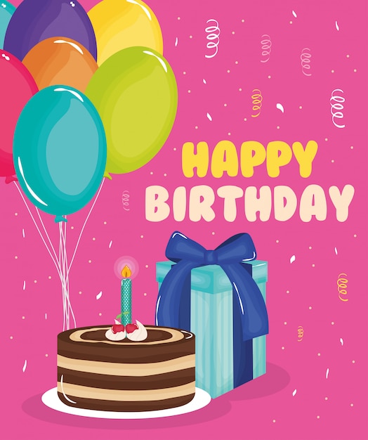 Zadowolony urodziny karty z ciasta, prezent i balony hel